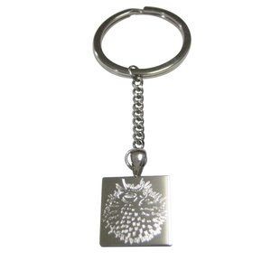 Silver Toned Square Etched Spikey Puffer Fish Fugu Blowfish Pendant Keychain